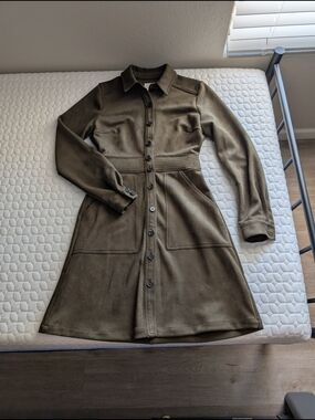 Women's Olive Green Button-Front Shirt Dress